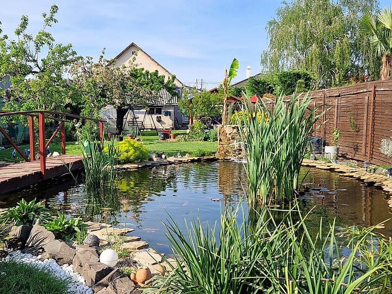 Kerti tó panoráma híddal és növényzettel